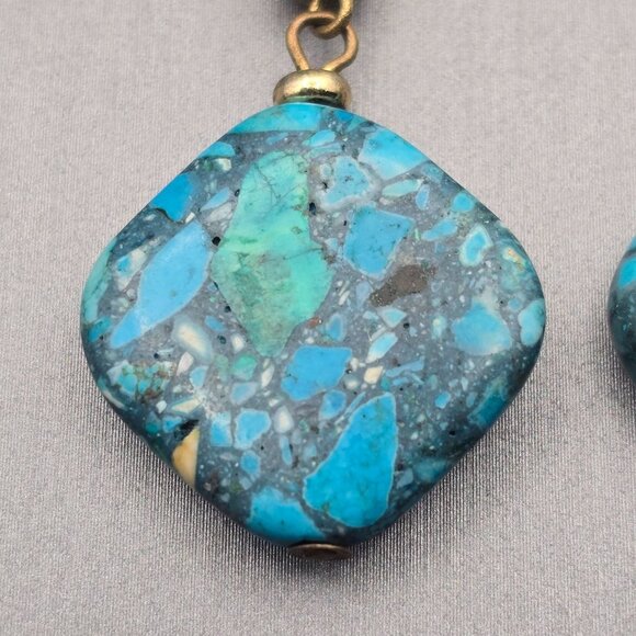 Faux Turquoise Dangle Earrings 2" Gold-Tone Accents & Lever Back Hooks - Picture 3 of 10